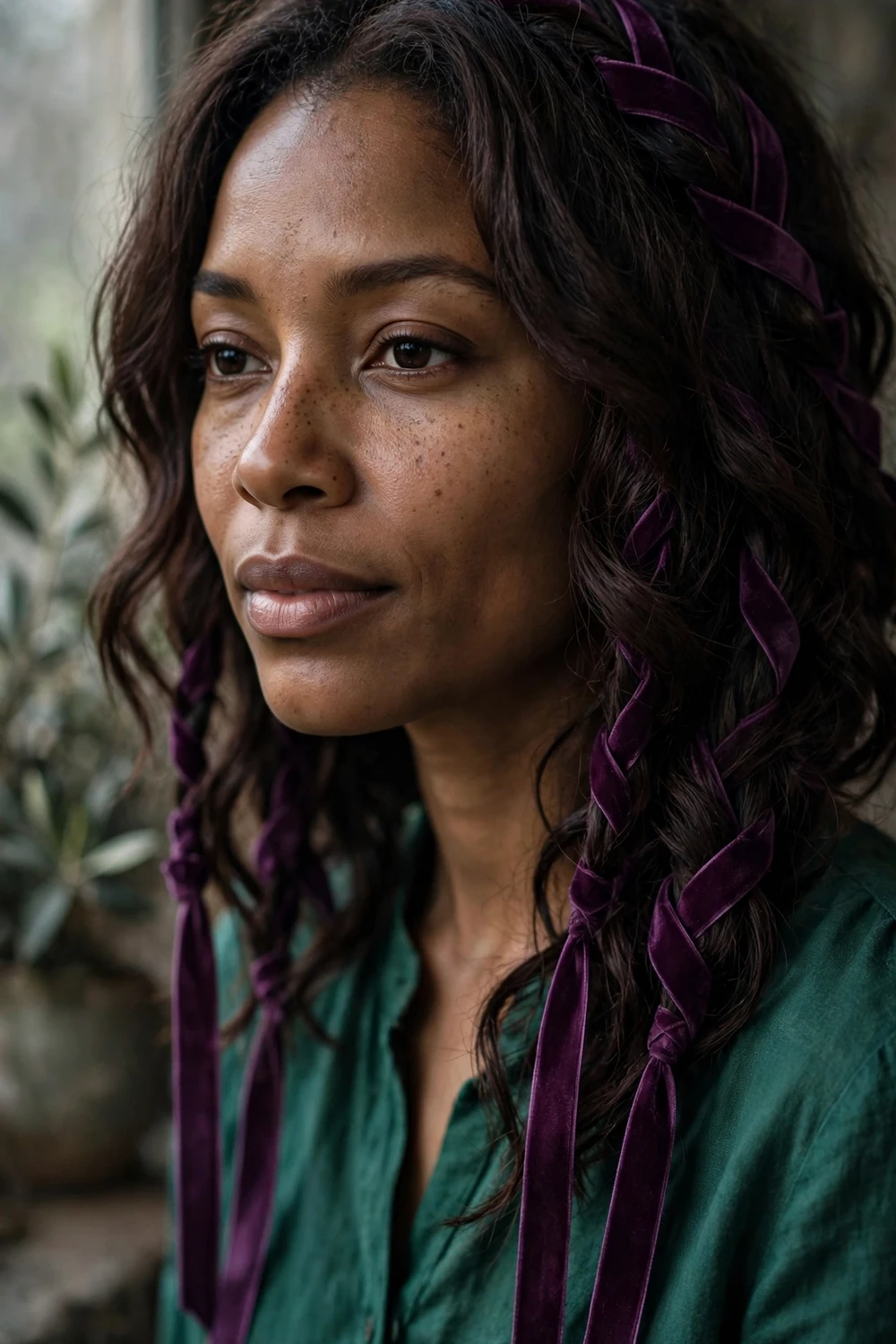 Woman with velvet plum ribbons woven through dark chocolate hair