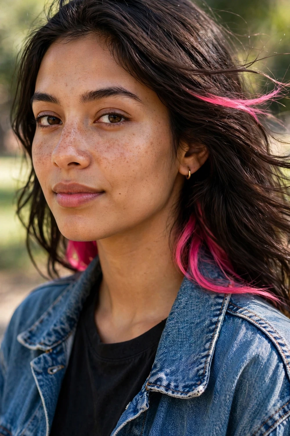 Woman with hidden peekaboo pink highlights under dark brown hair