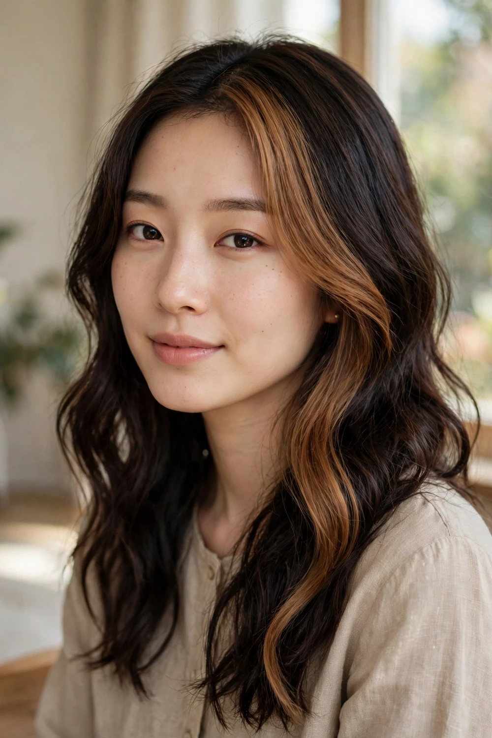 Woman with a wide caramel color-block panel through dark brown hair