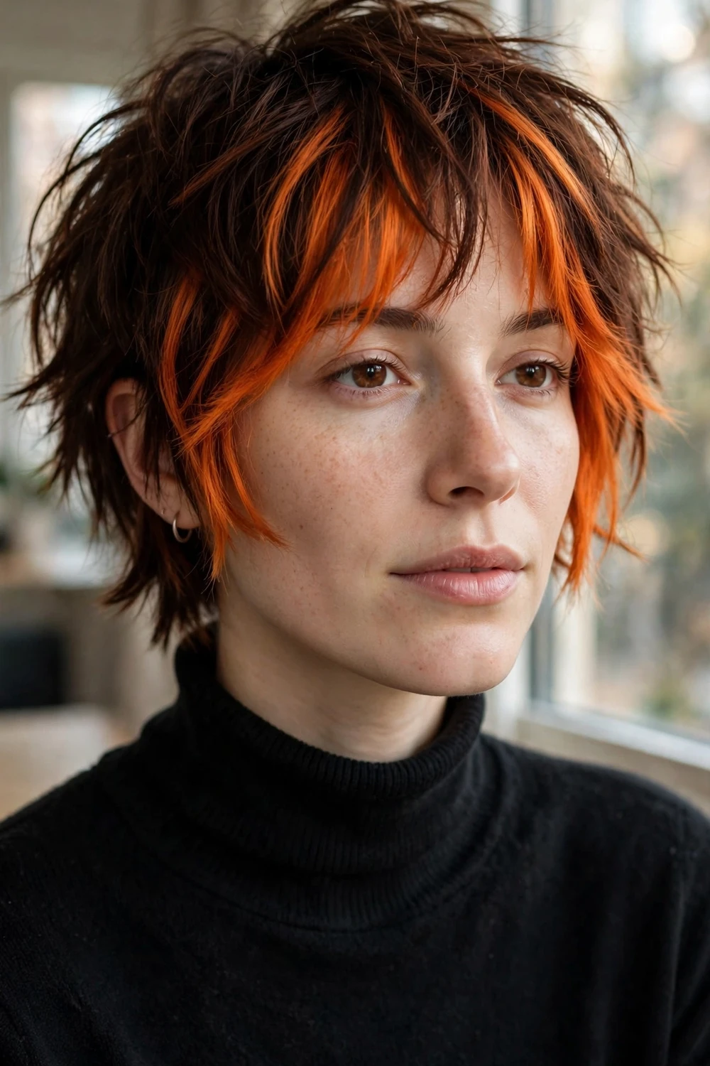 Woman with a short shag haircut mixing pumpkin and cocoa brown panels