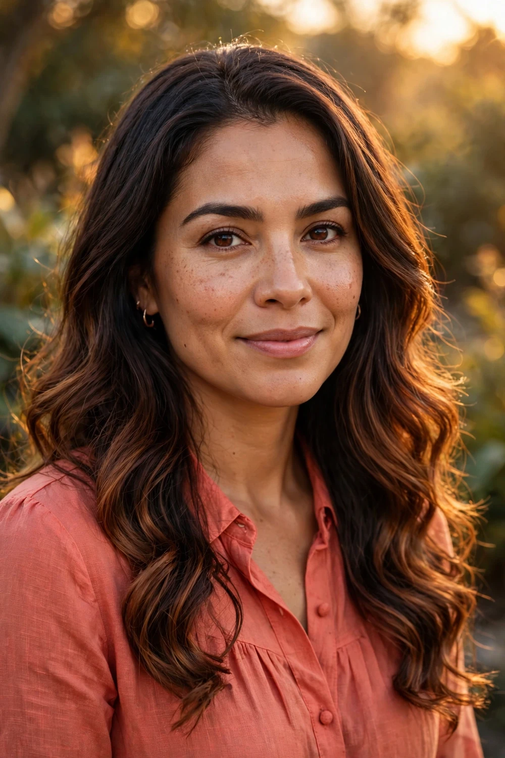 Woman with chestnut-tipped ombre fading from deep brown roots