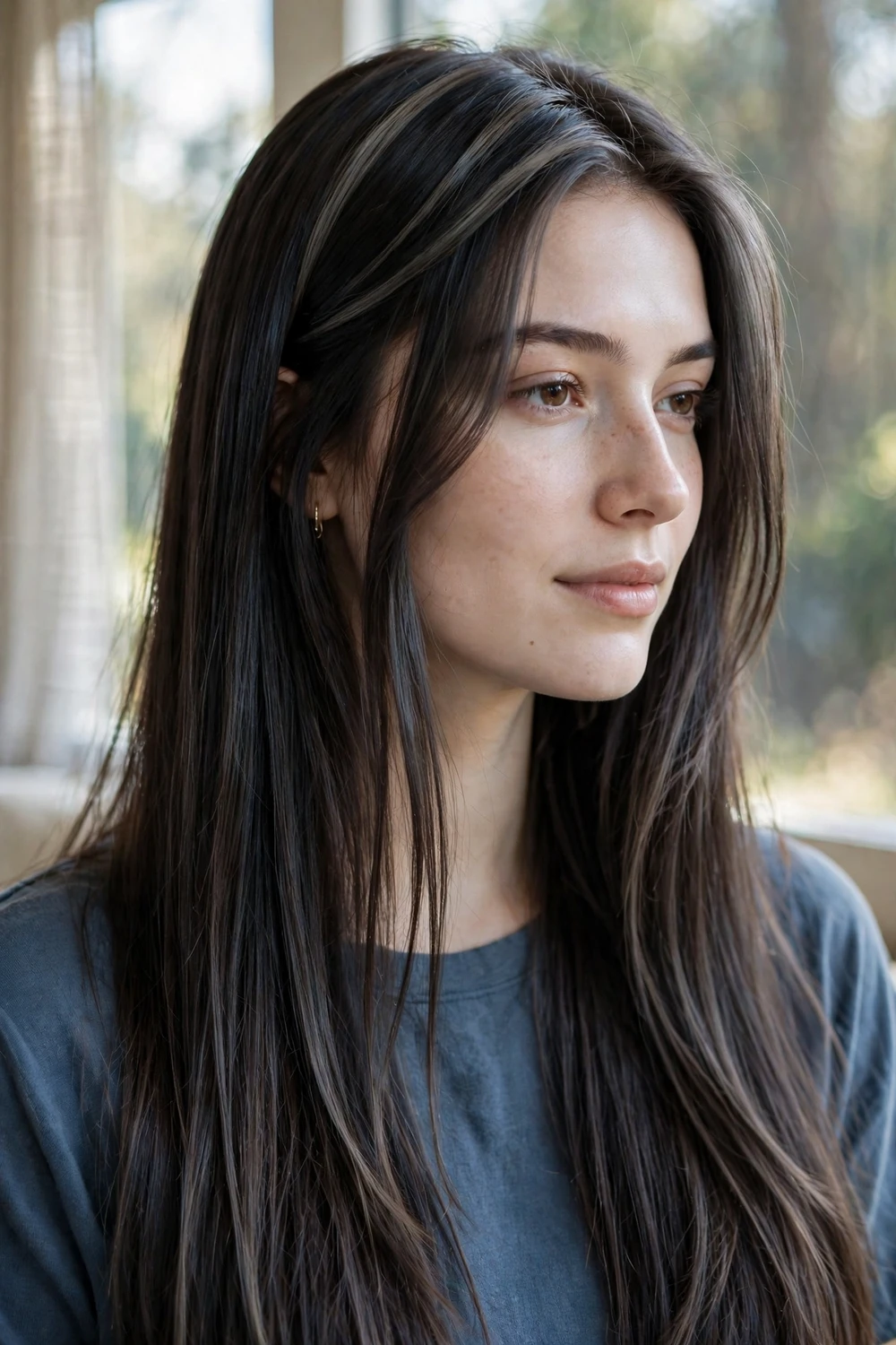 Woman with cool brown highlights on deep brown hair