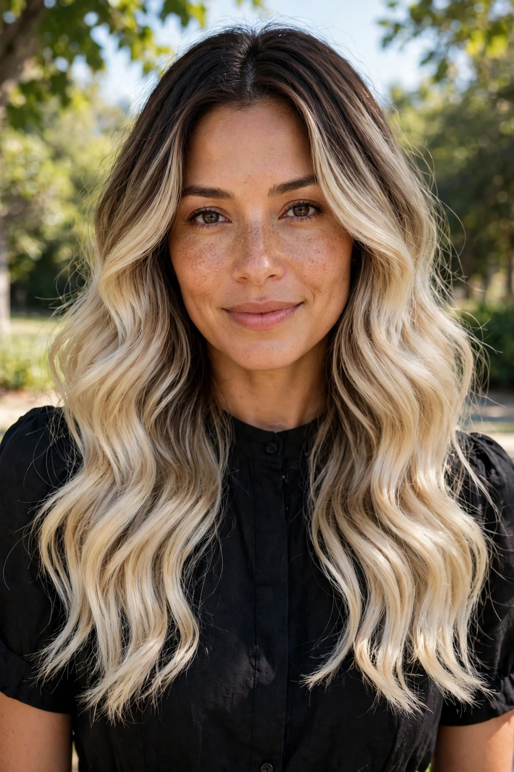Woman with vanilla blonde tips balayaged onto dark brown hair