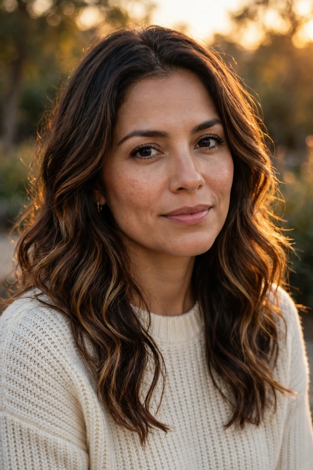 Woman with warm espresso tint dark brown hair in loose waves
