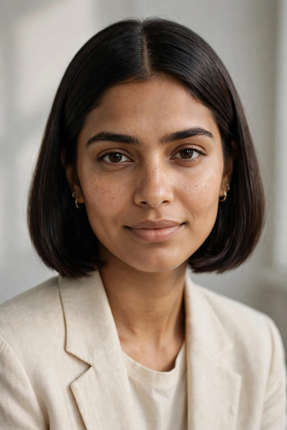 Woman with a sleek deep brown bob haircut