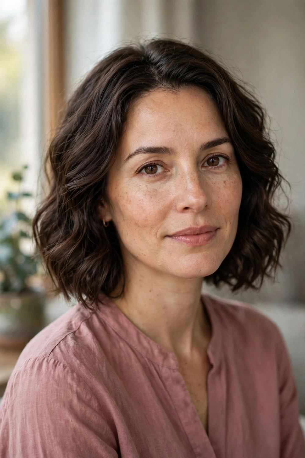 Woman with a wavy dark brown lob haircut