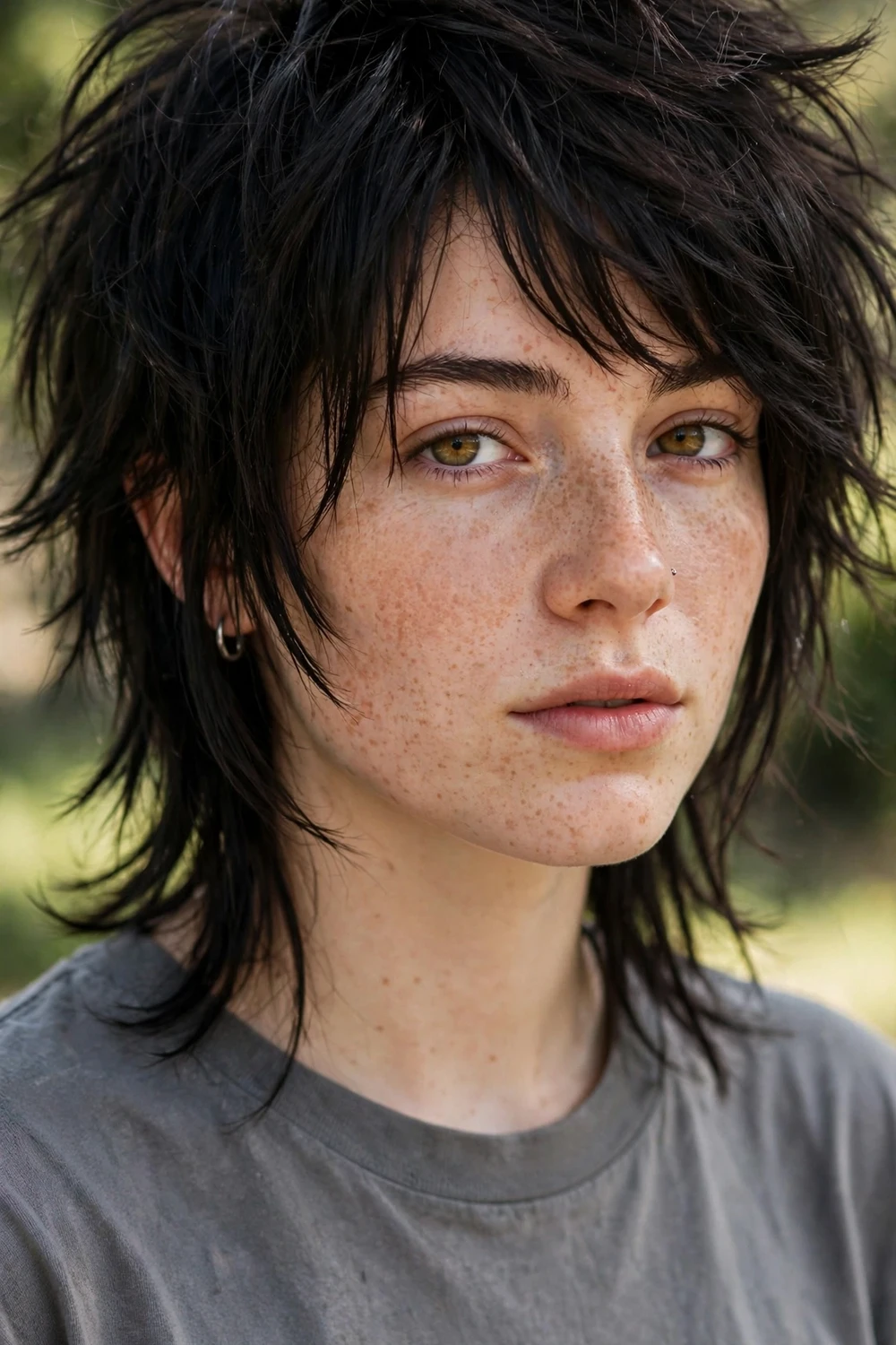 Woman with an almost-black wolf cut with choppy layers