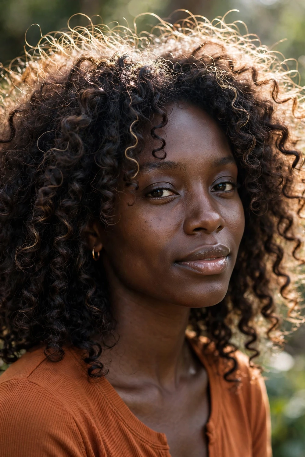 Woman with curly dark brown hair and soft subtle highlights