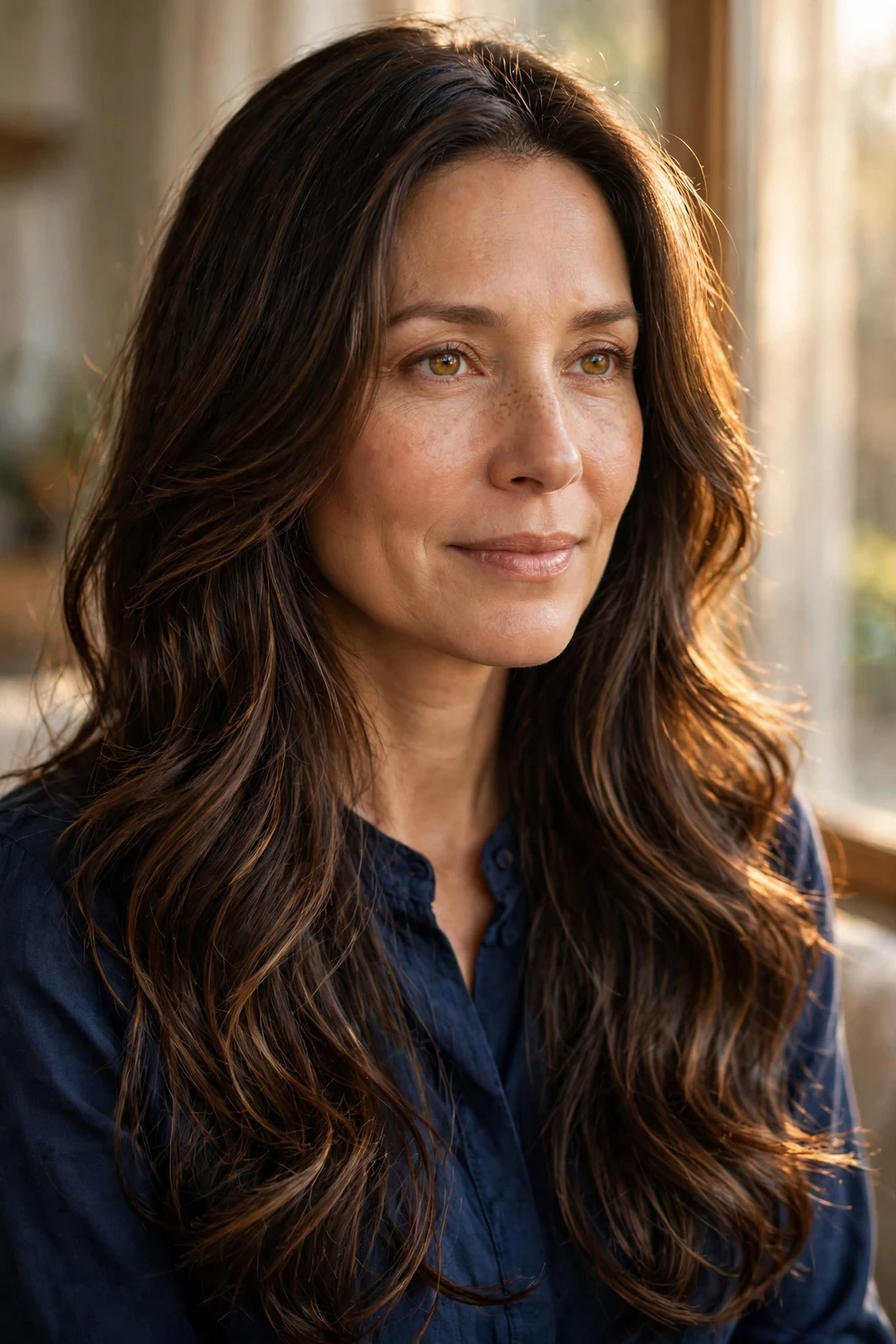 Woman with long layered dark brown hair and subtle highlights