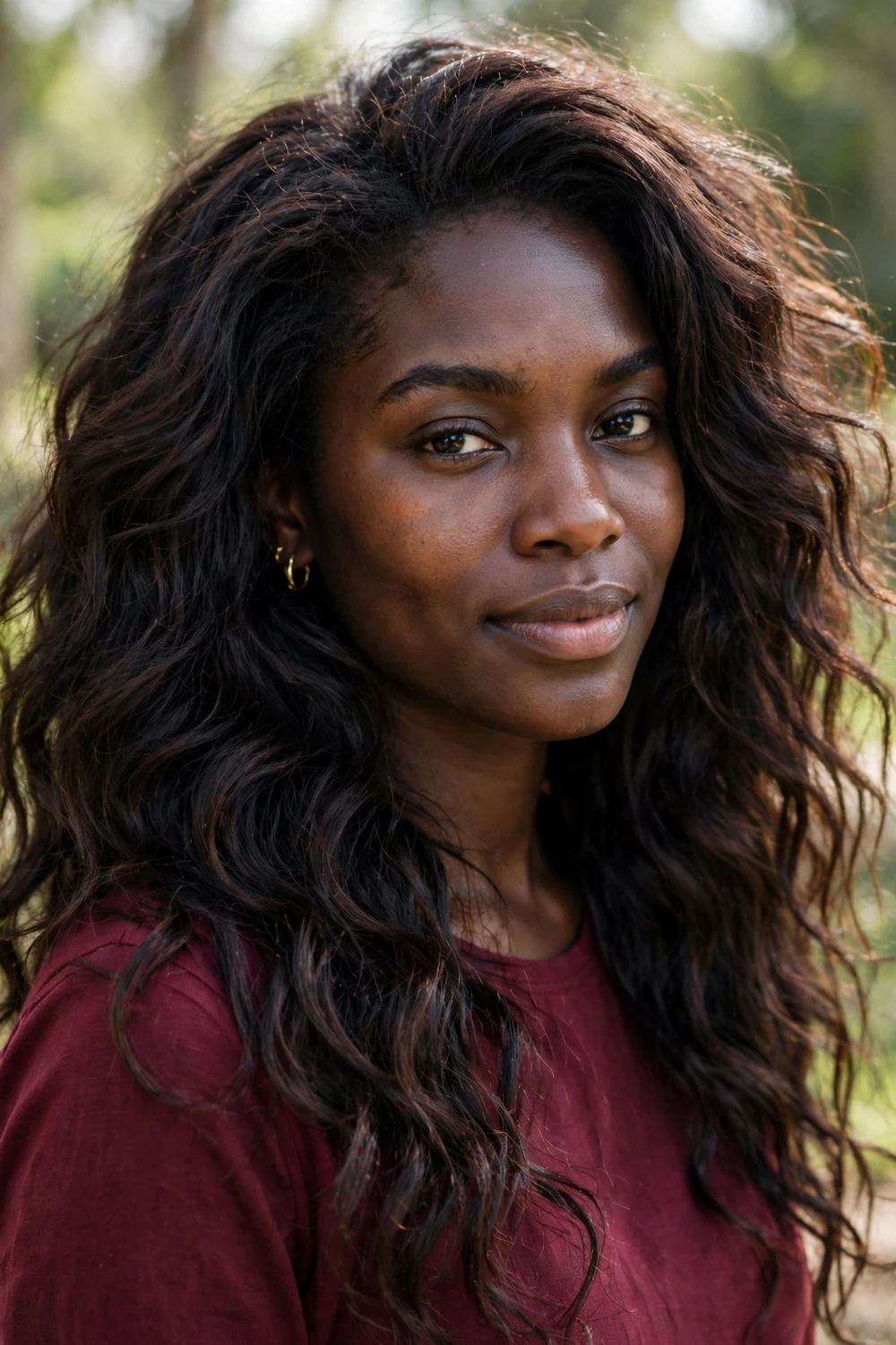 Woman with bold raven brown hair, deep brown with black tones