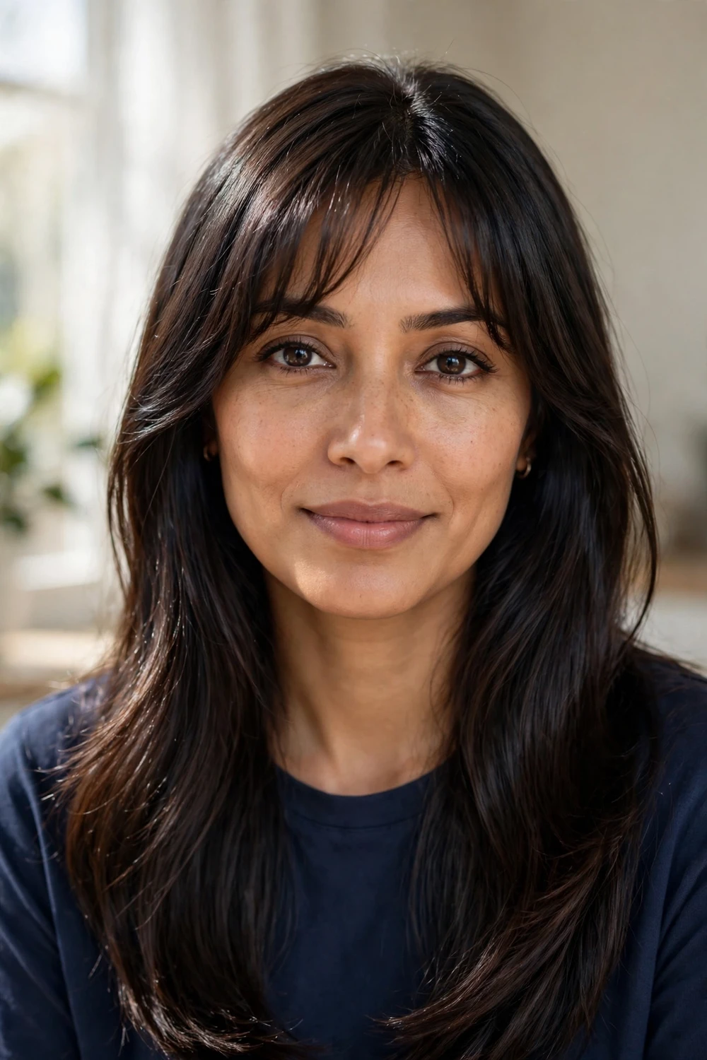 Woman with satin black-brown blend hair with soft bangs