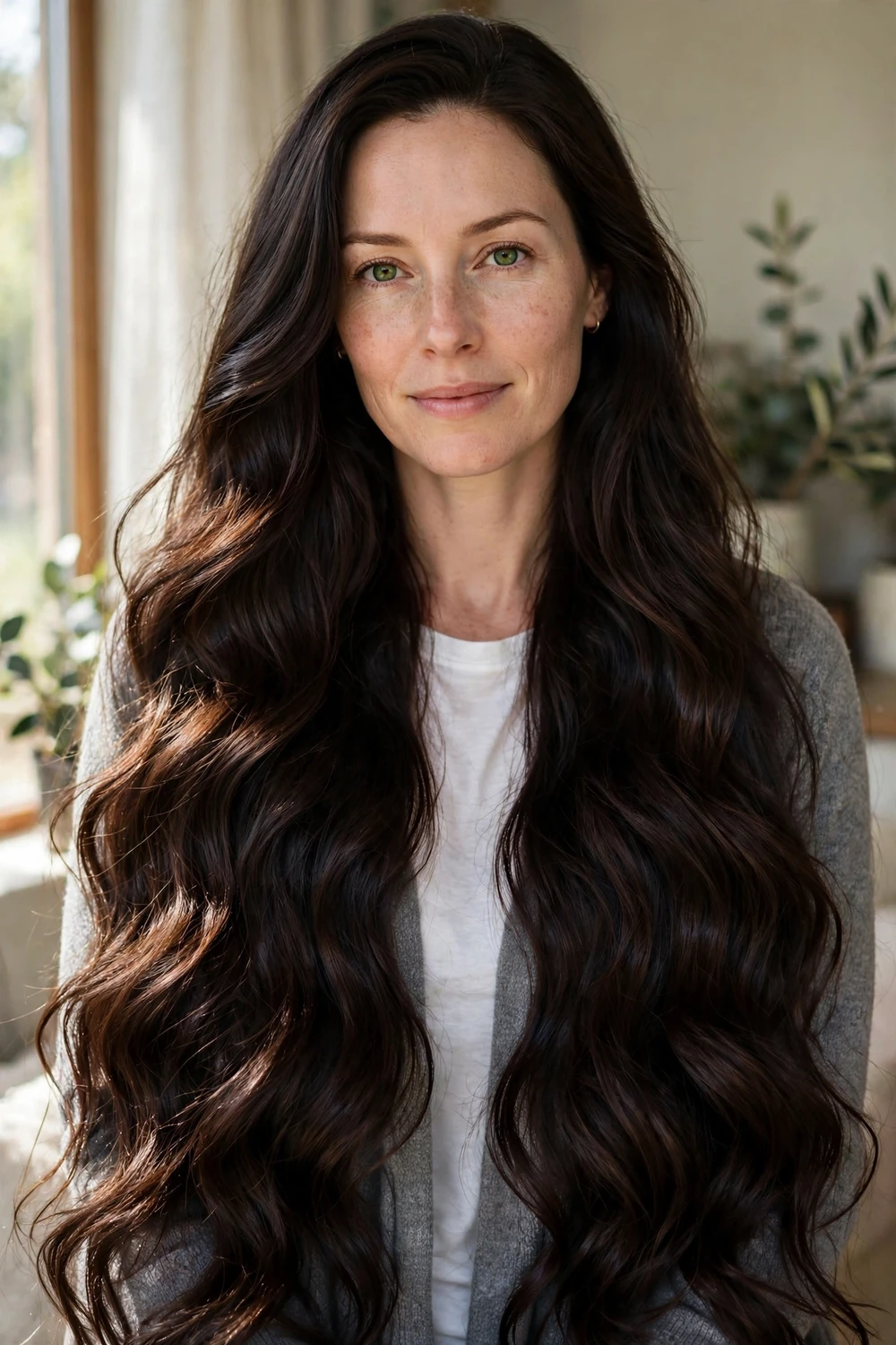 Woman with ultra-long near-black brunette hair in glossy waves
