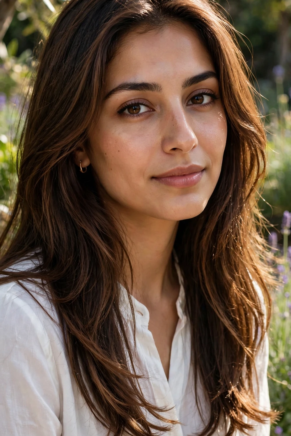 Woman with rich chocolate brown hair with warm shine