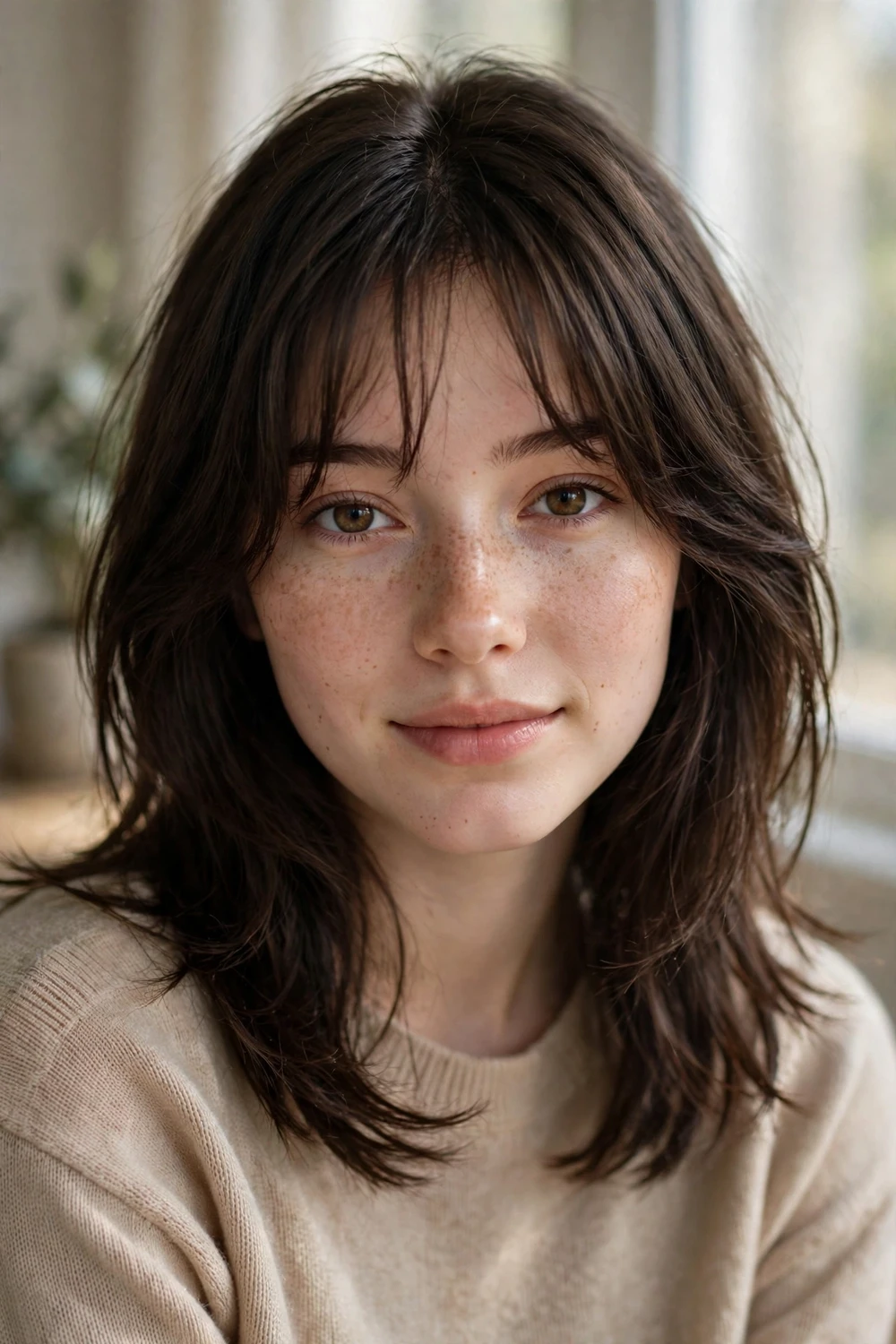 Woman with dark chocolate brown hair and curtain bangs in a layered cut