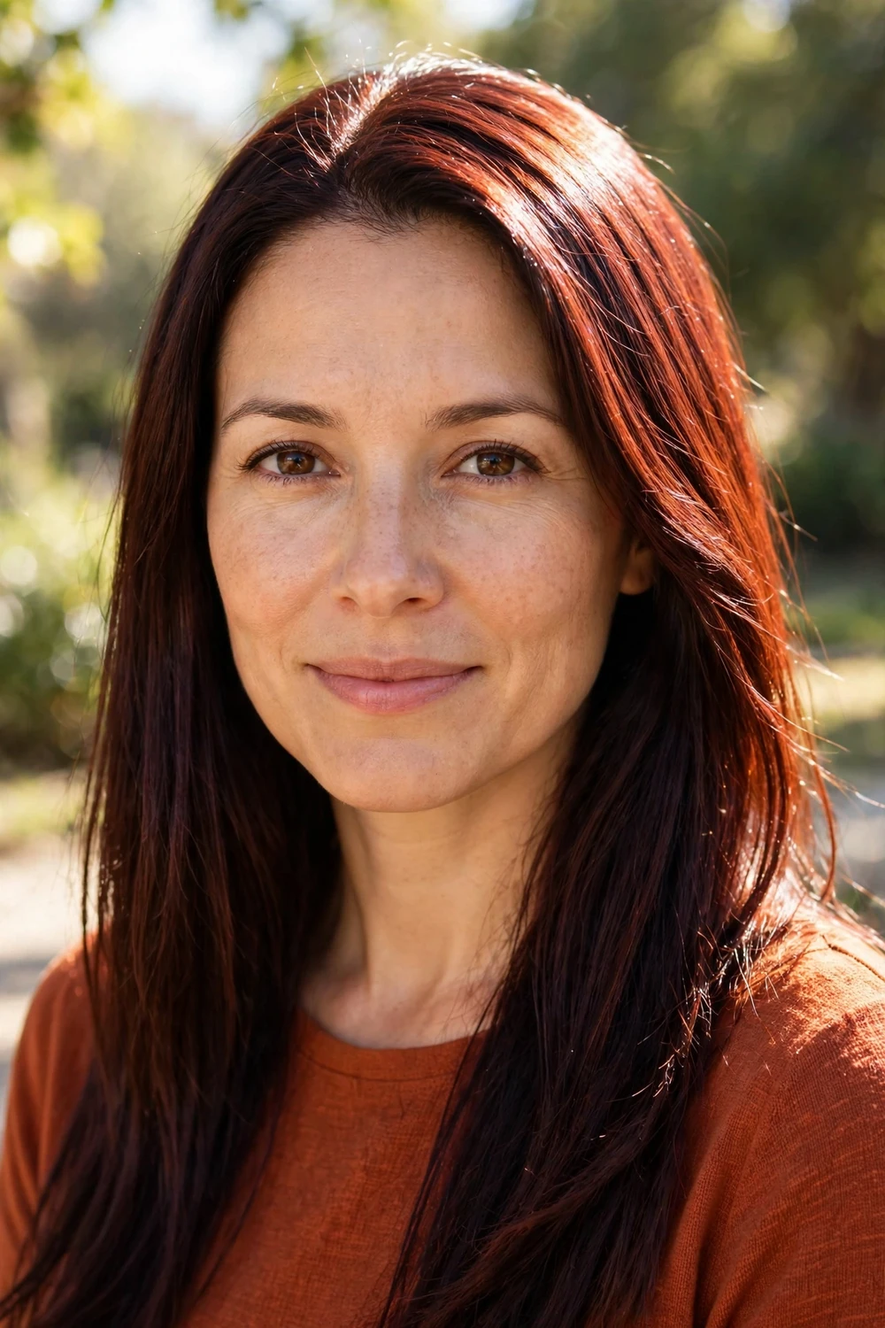 Woman with dark mahogany brown hair showing a red sheen in sunlight
