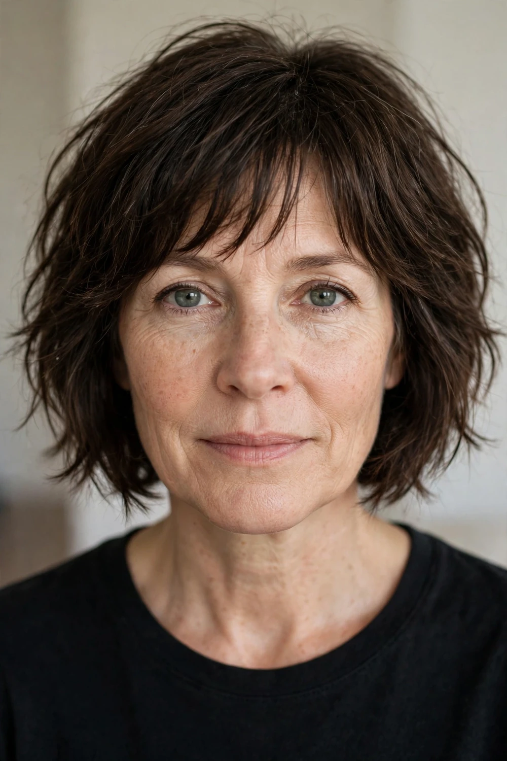 Dark brown textured bob with wispy bangs