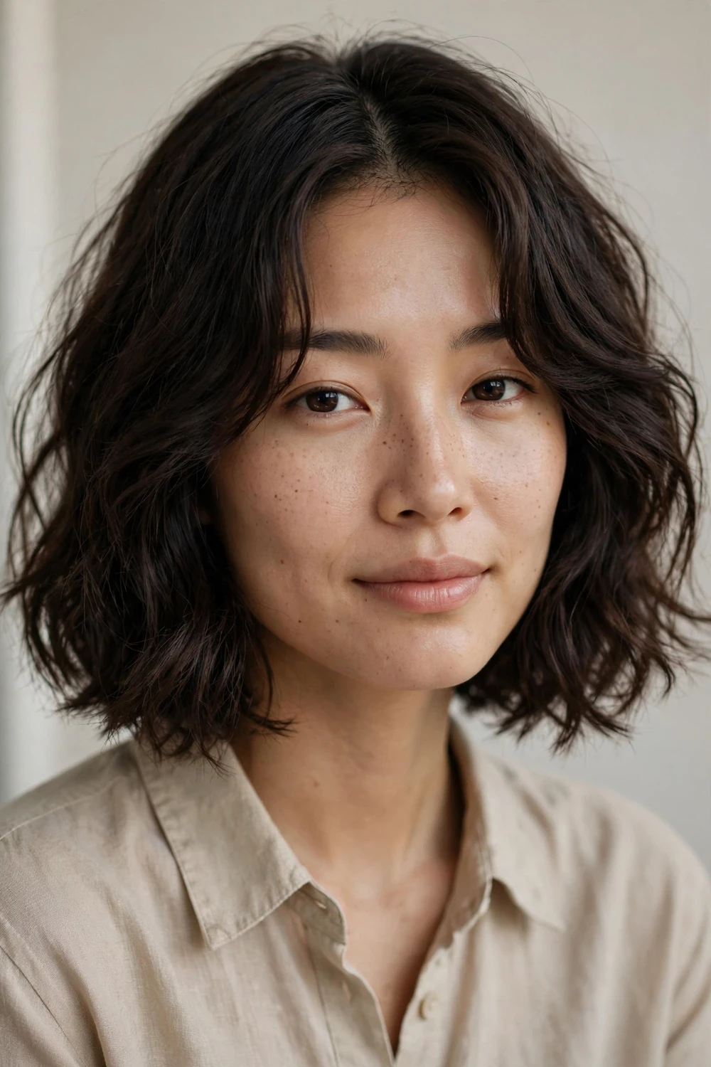 Dark brunette wavy bob with curtain bangs