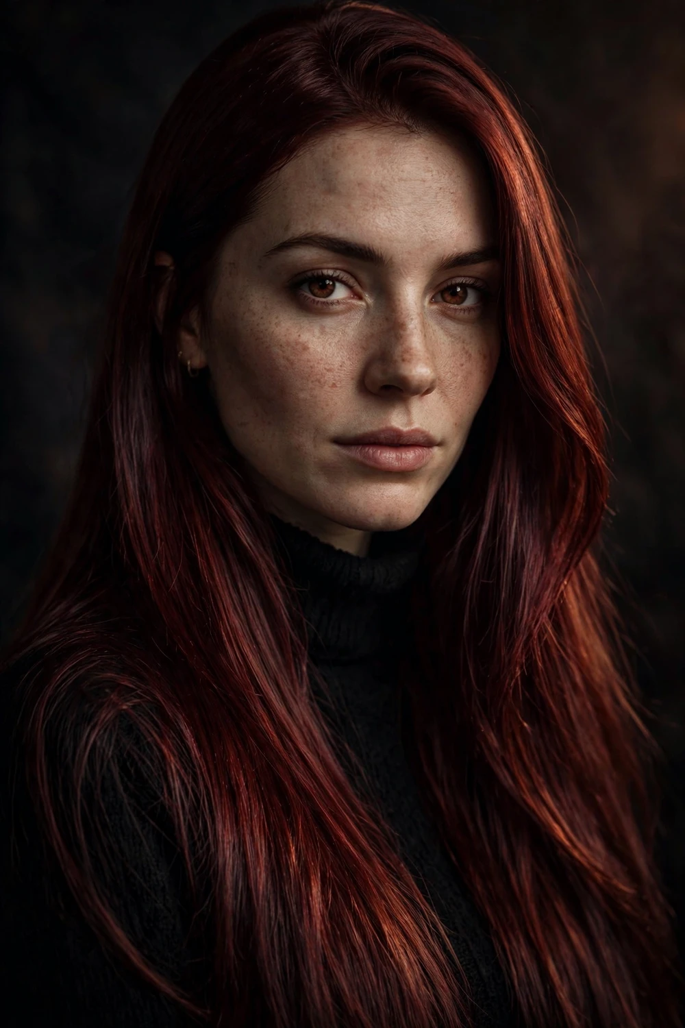 Woman with dark cherry copper hair, deep dark red with copper reflects