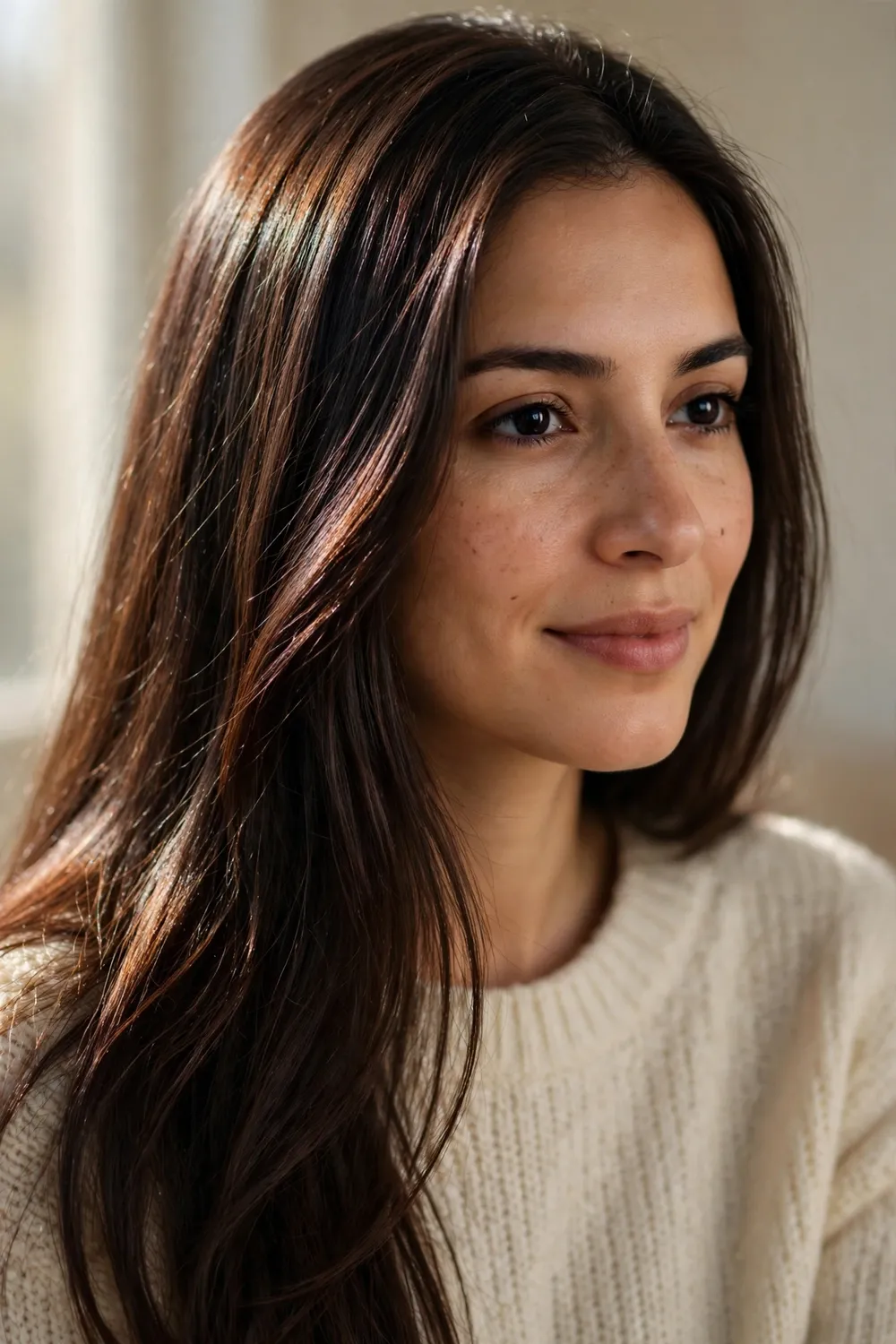 Deep dark chestnut brown hair with glossy warm tones