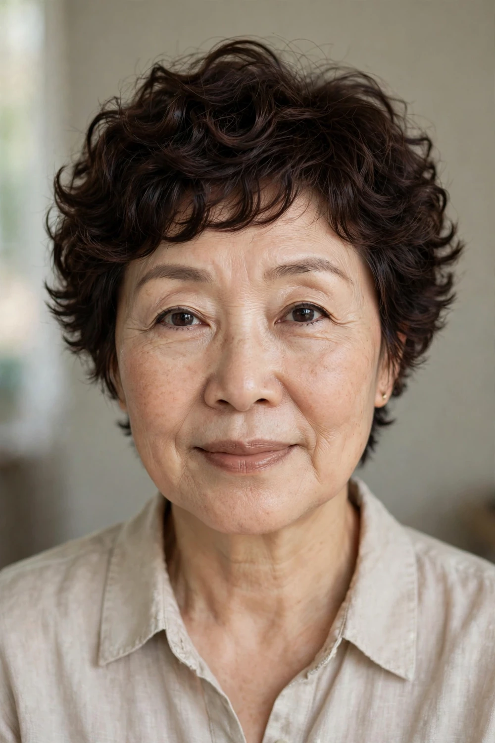 Woman over 50 with a dark chocolate layered curly pixie, rich dark curls with structure