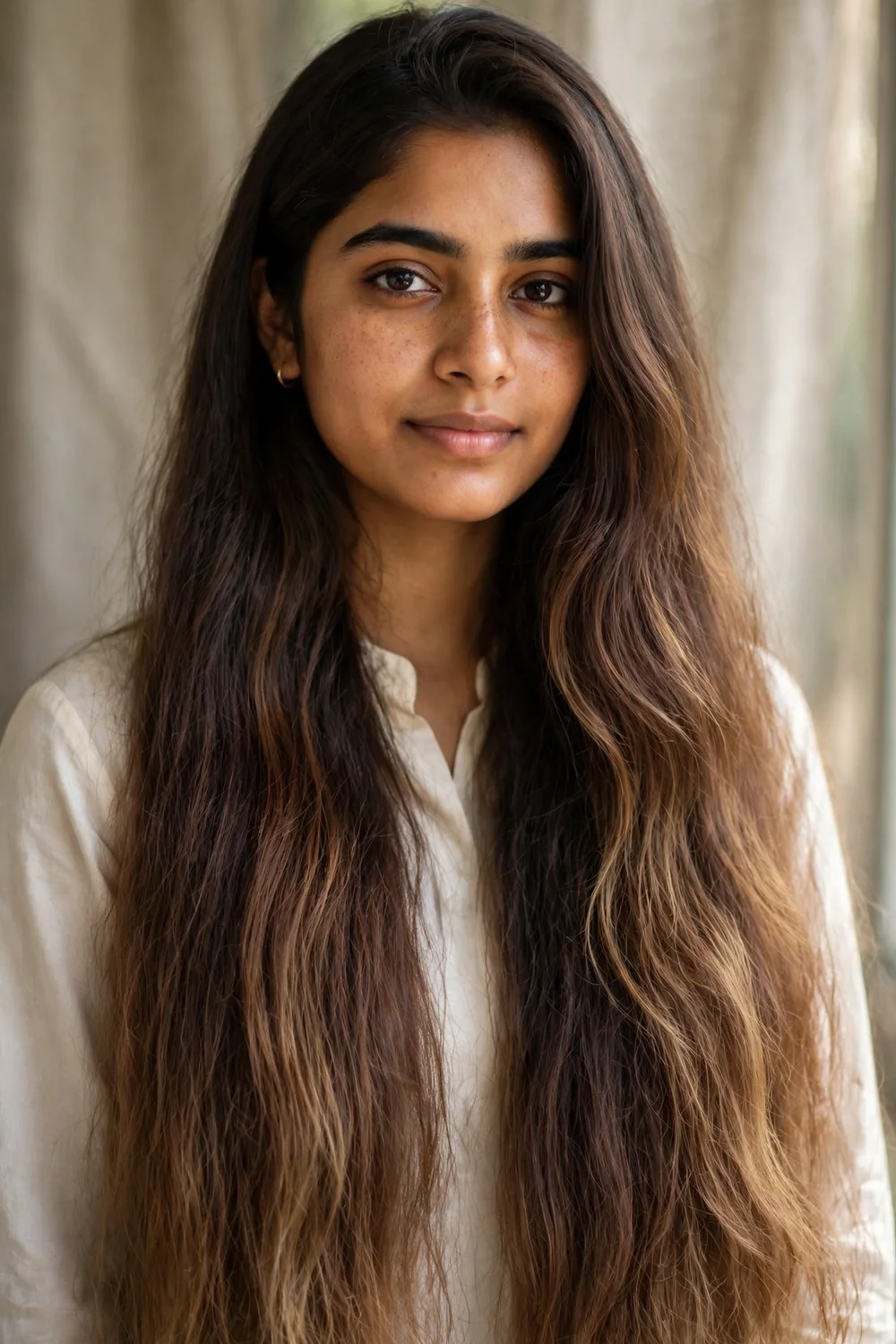 Woman with a dark chocolate ombre gradient melting into warmer lighter tips, natural daylight
