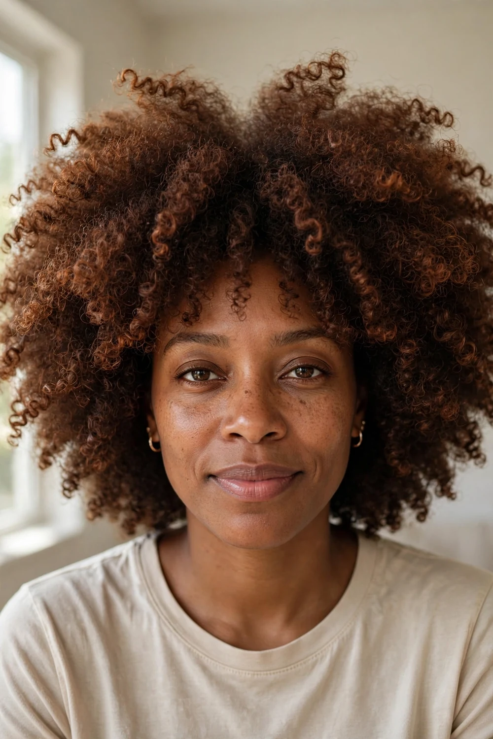 Voluminous dark cinnamon brown afro of defined curls