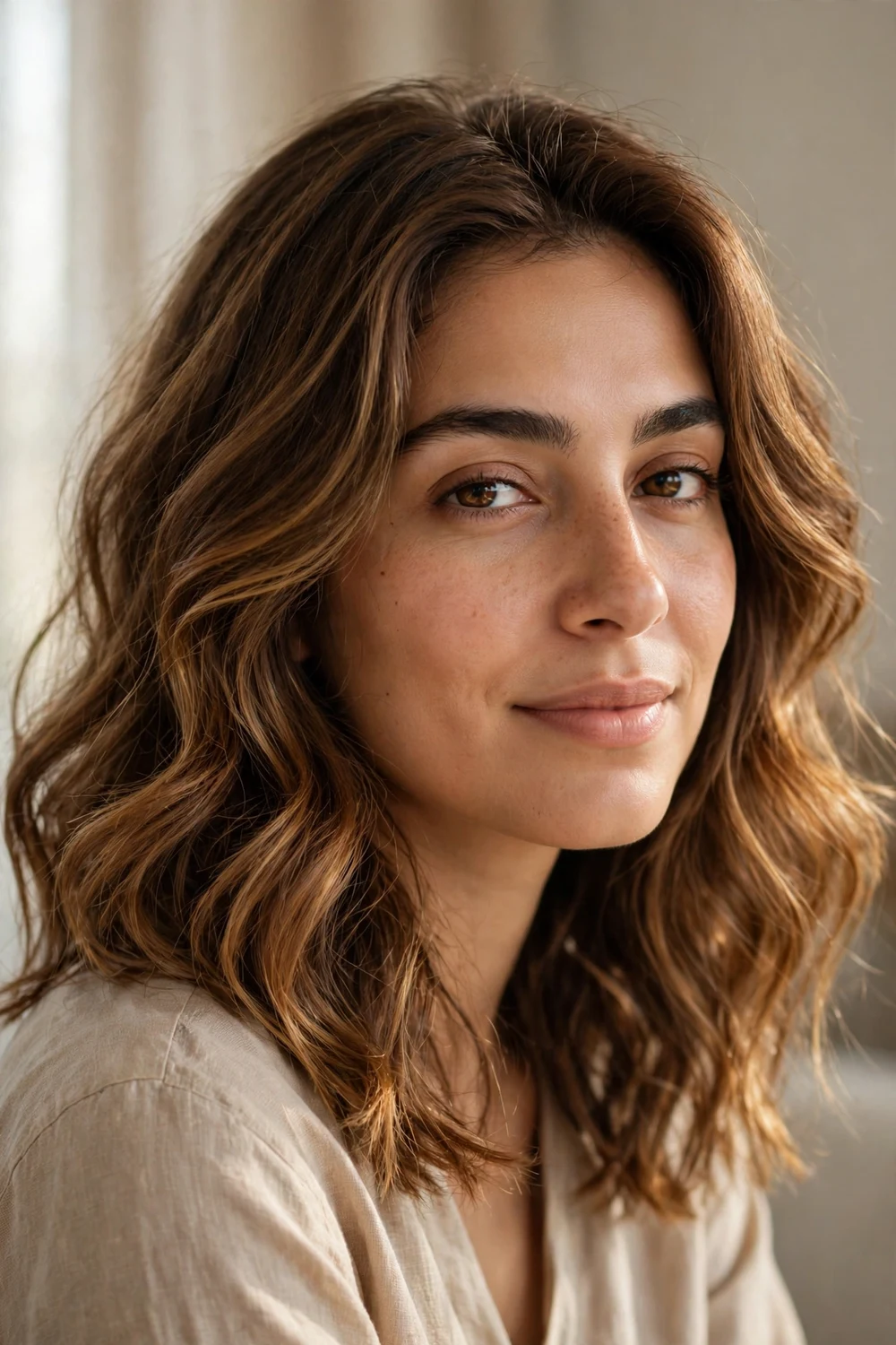 Woman with teddy bear brown hair in soft warm waves