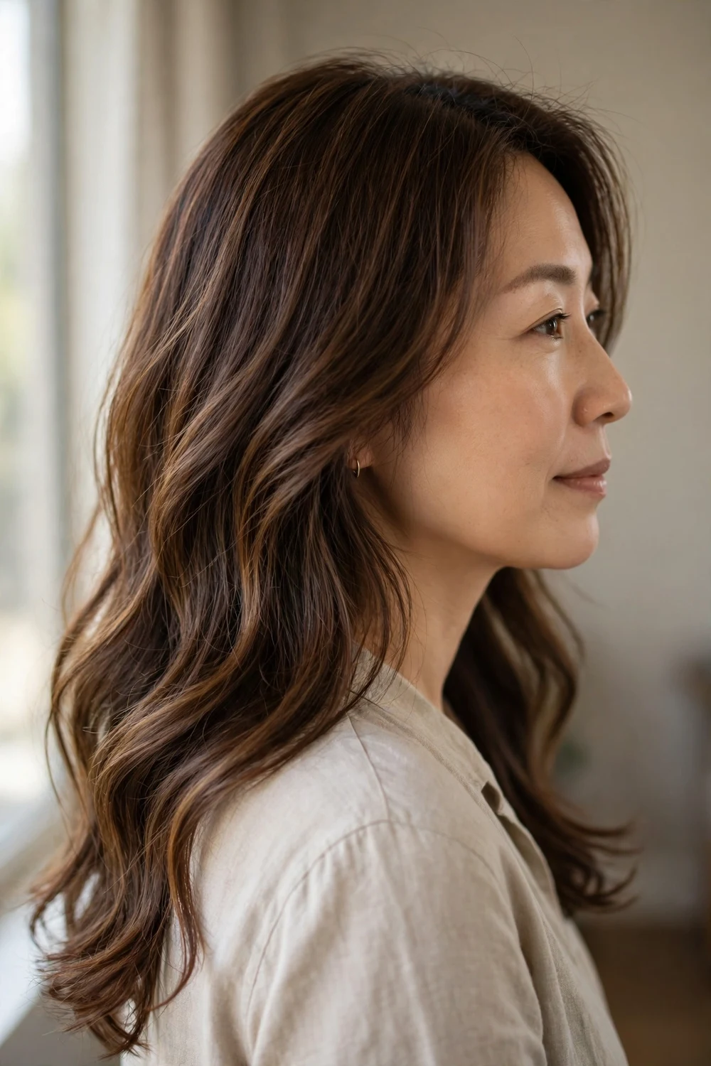 Woman with lived-in chocolate brown hair in soft waves