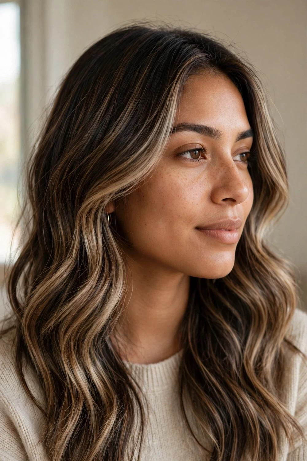 Woman with cappuccino balayage highlights in dark hair