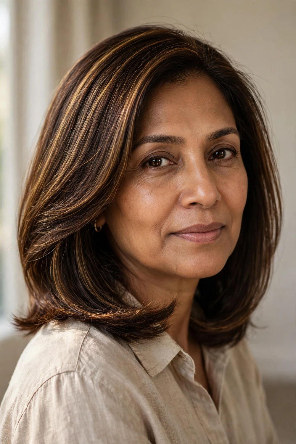 Woman with rich coffee brunette hair in a sleek blowout