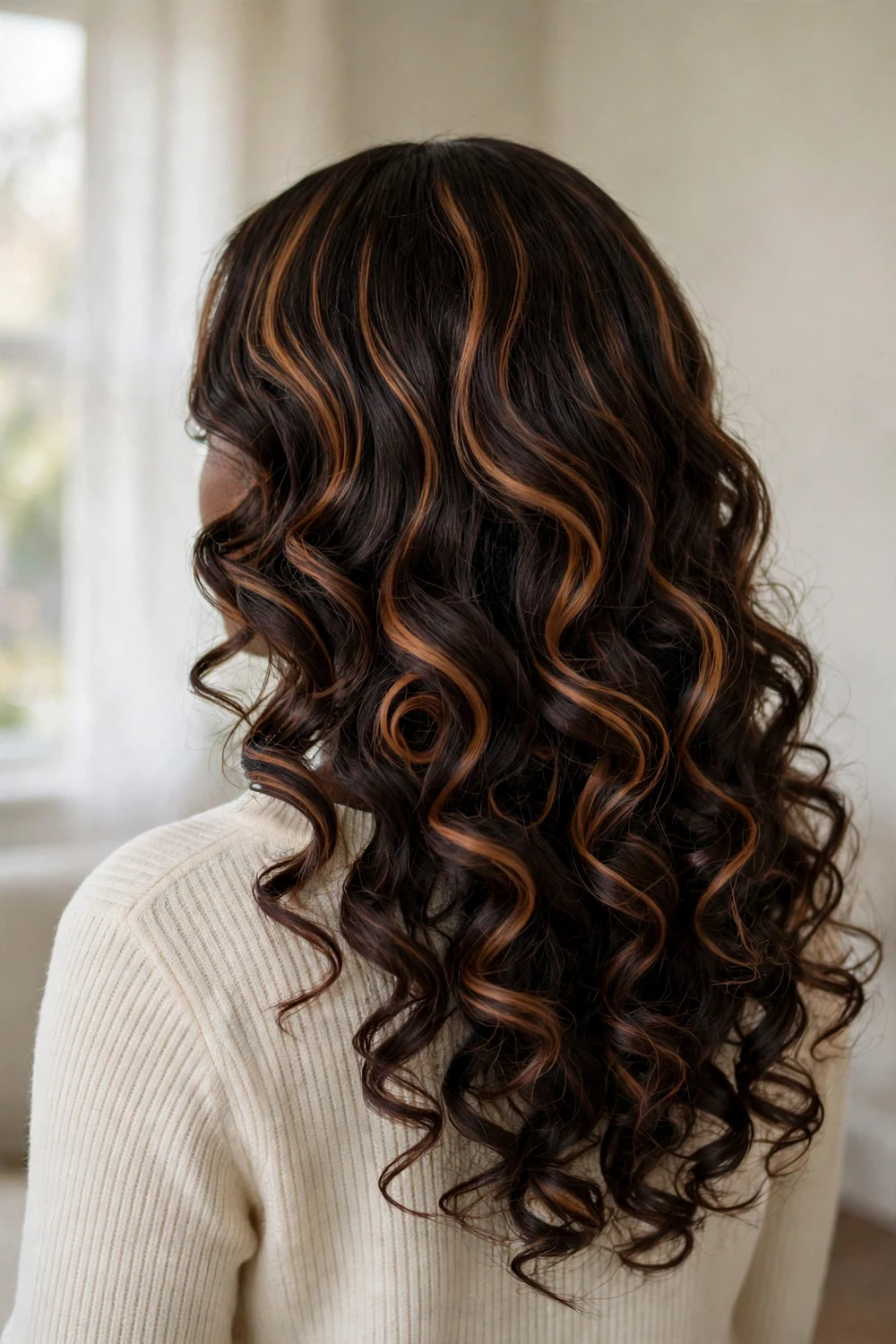 Woman with milk chocolate caramel swirl color in curly hair