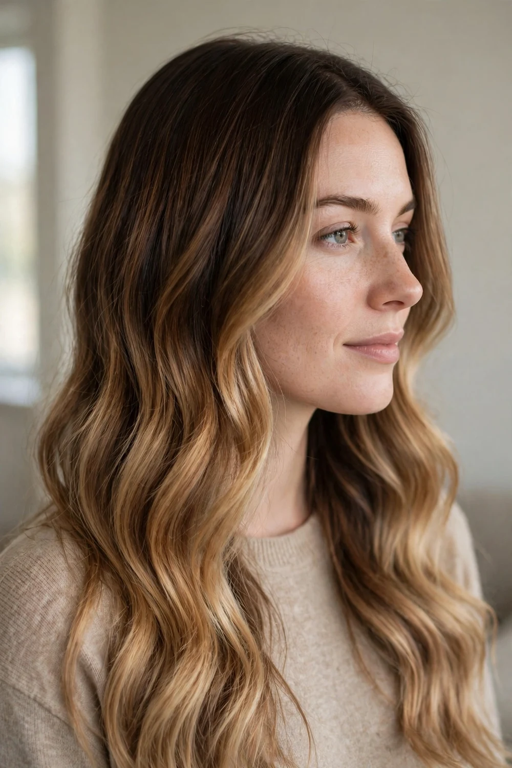 Woman with dark cocoa to caramel ombre on long hair