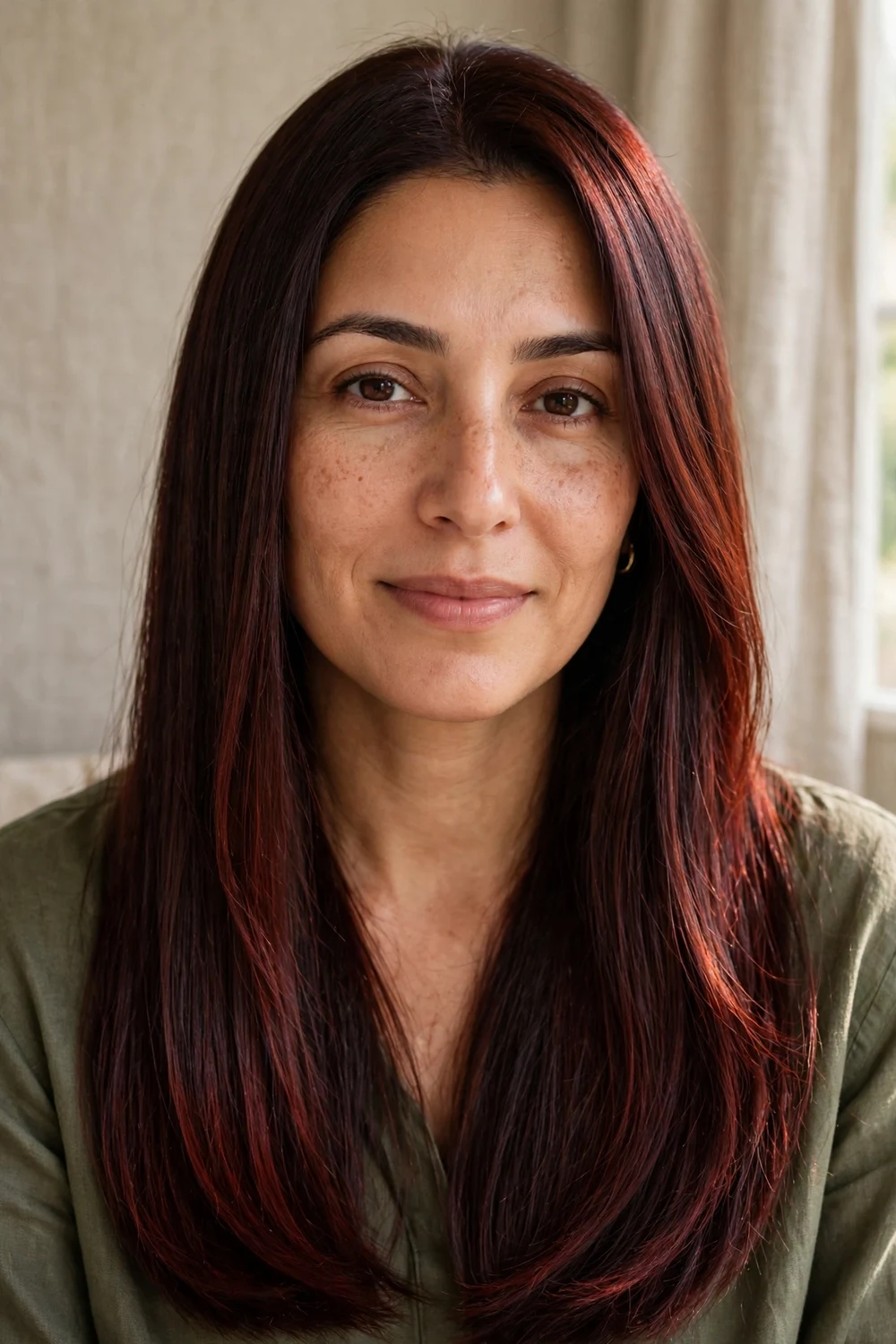Woman with bold chocolate cherry brown straight hair