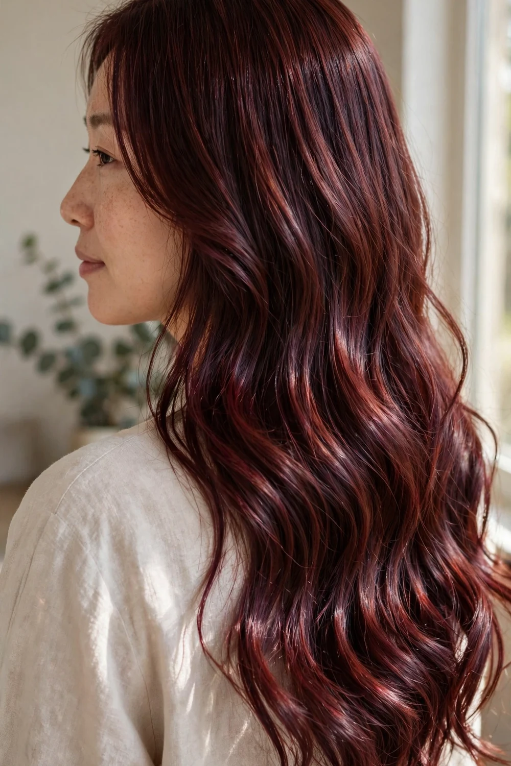 Woman with long mahogany brown wavy hair