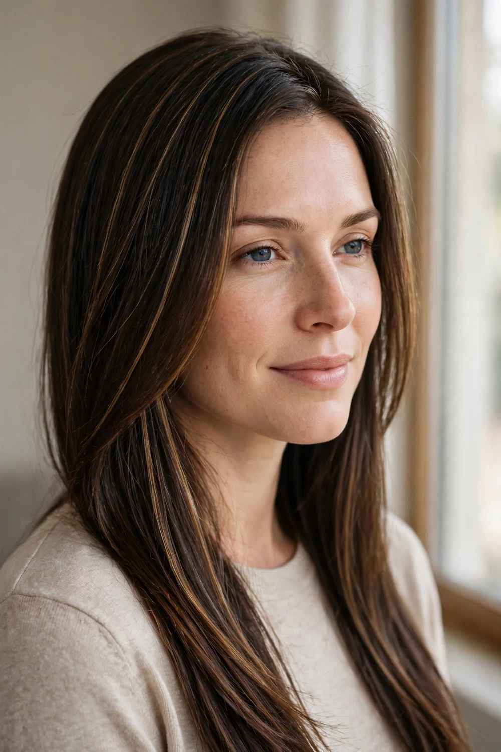 Woman with thin brown sugar highlights on dark brown hair