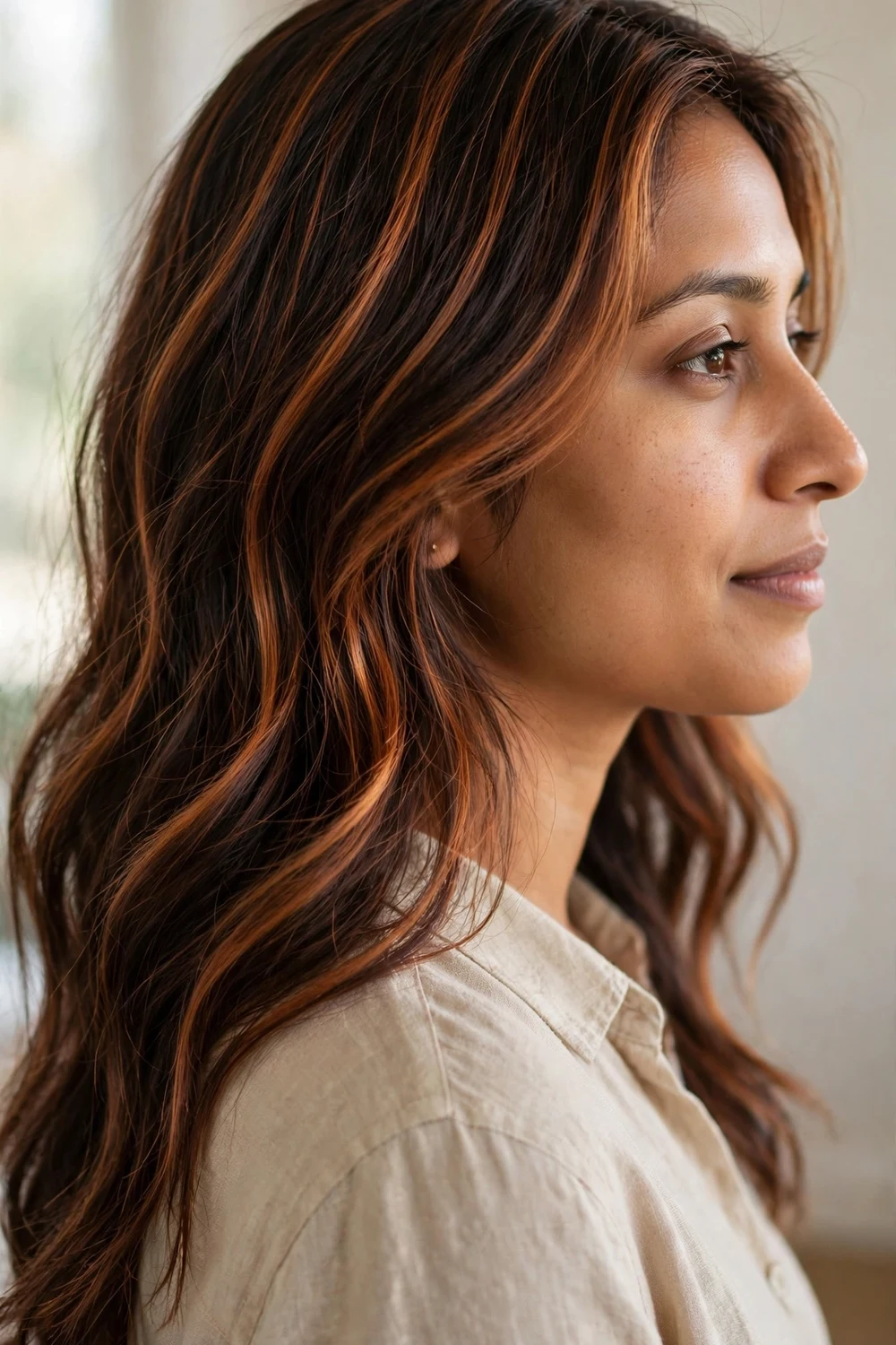 Woman with copper brown highlights in dark wavy hair