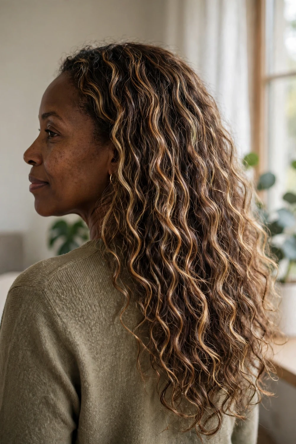 Woman with warm blonde and brown thin highlights in curly hair