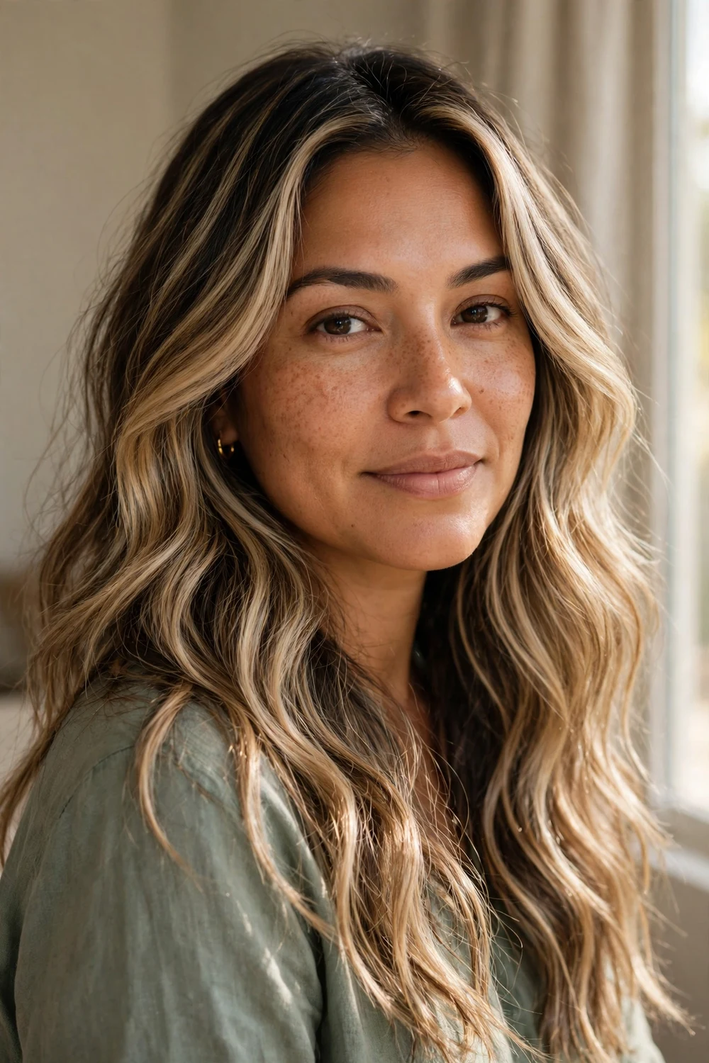 Woman with bronde blend hair in natural waves