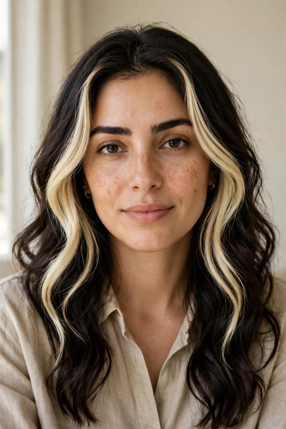 Woman with dark brunette hair and blonde money piece