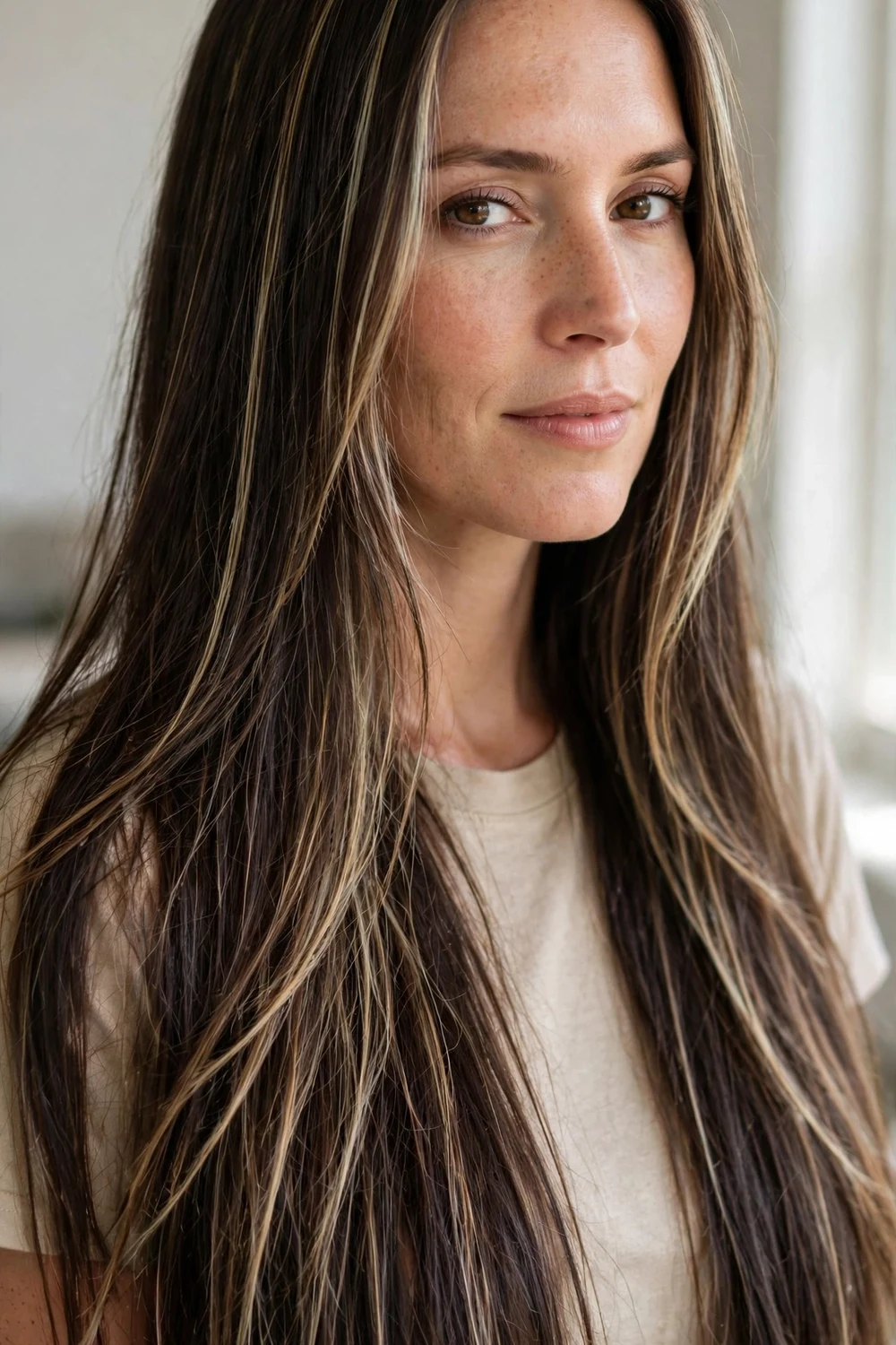 Woman with dirty blonde highlights on long dark brown hair