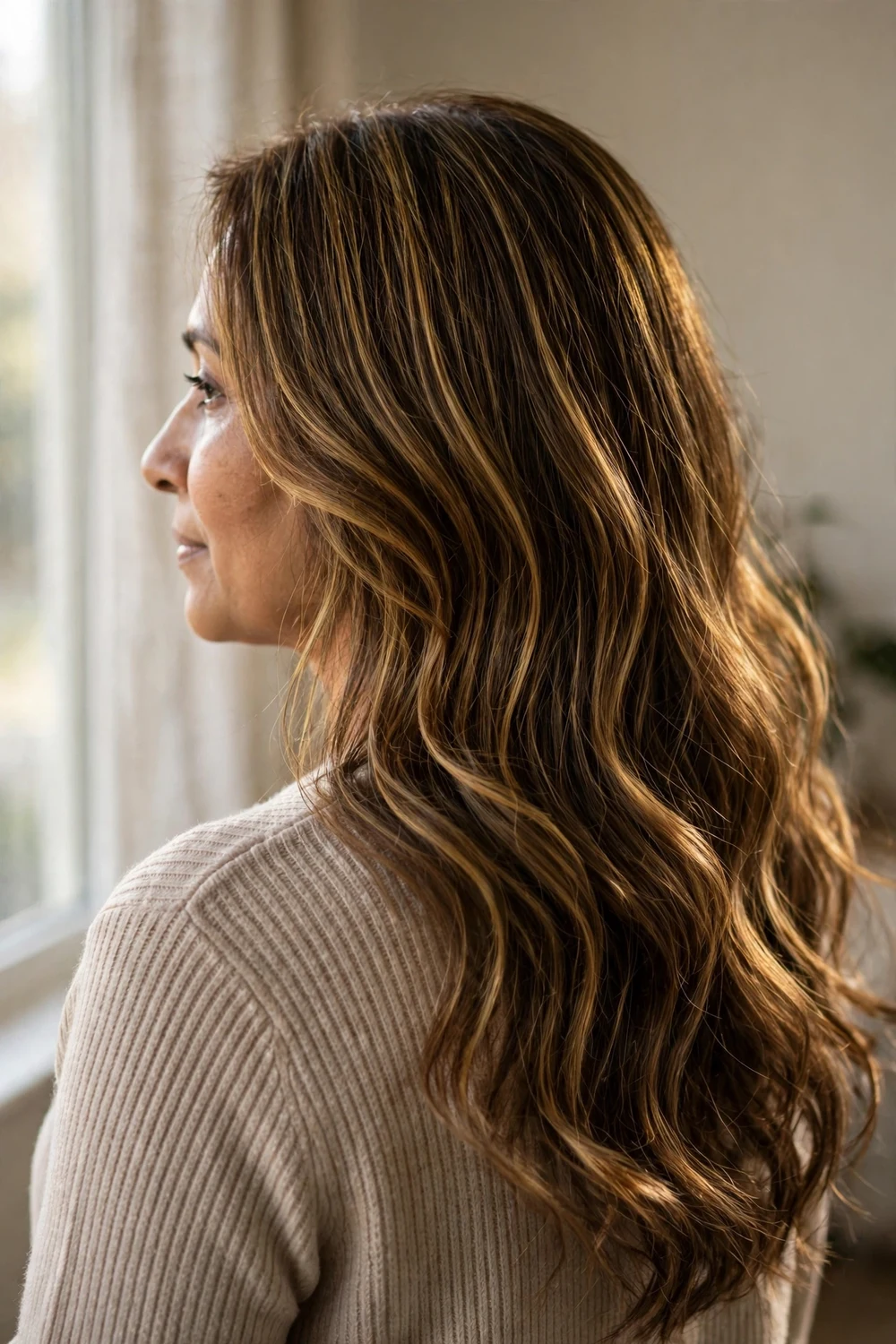 Woman with deep golden brown hair and balayage weaves