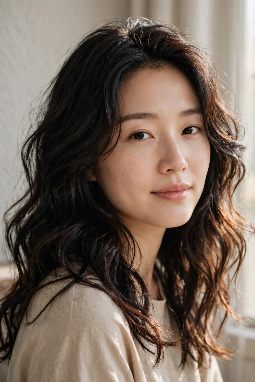 Woman with black-brown hair in soft beach waves