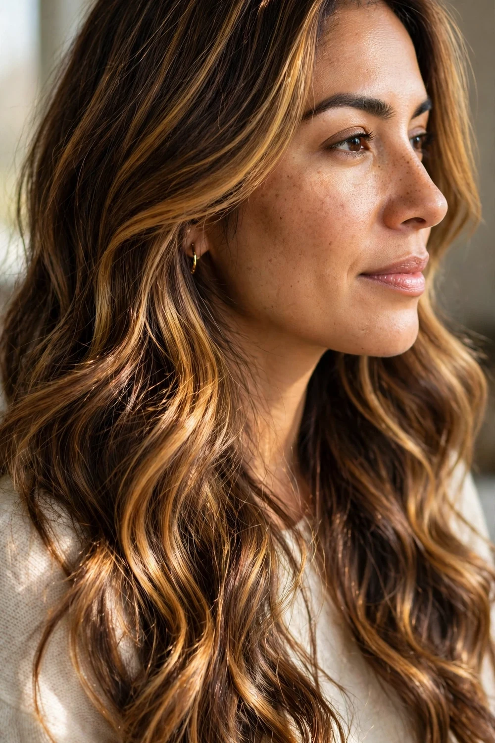 Woman with deep honey brown hair in soft waves