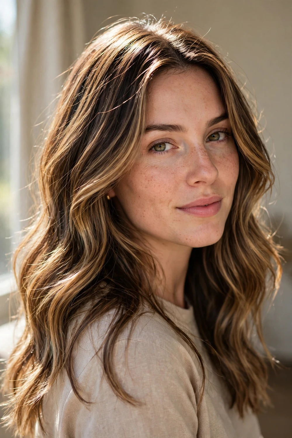 Woman with sunkissed brunette hair and caramel highlights