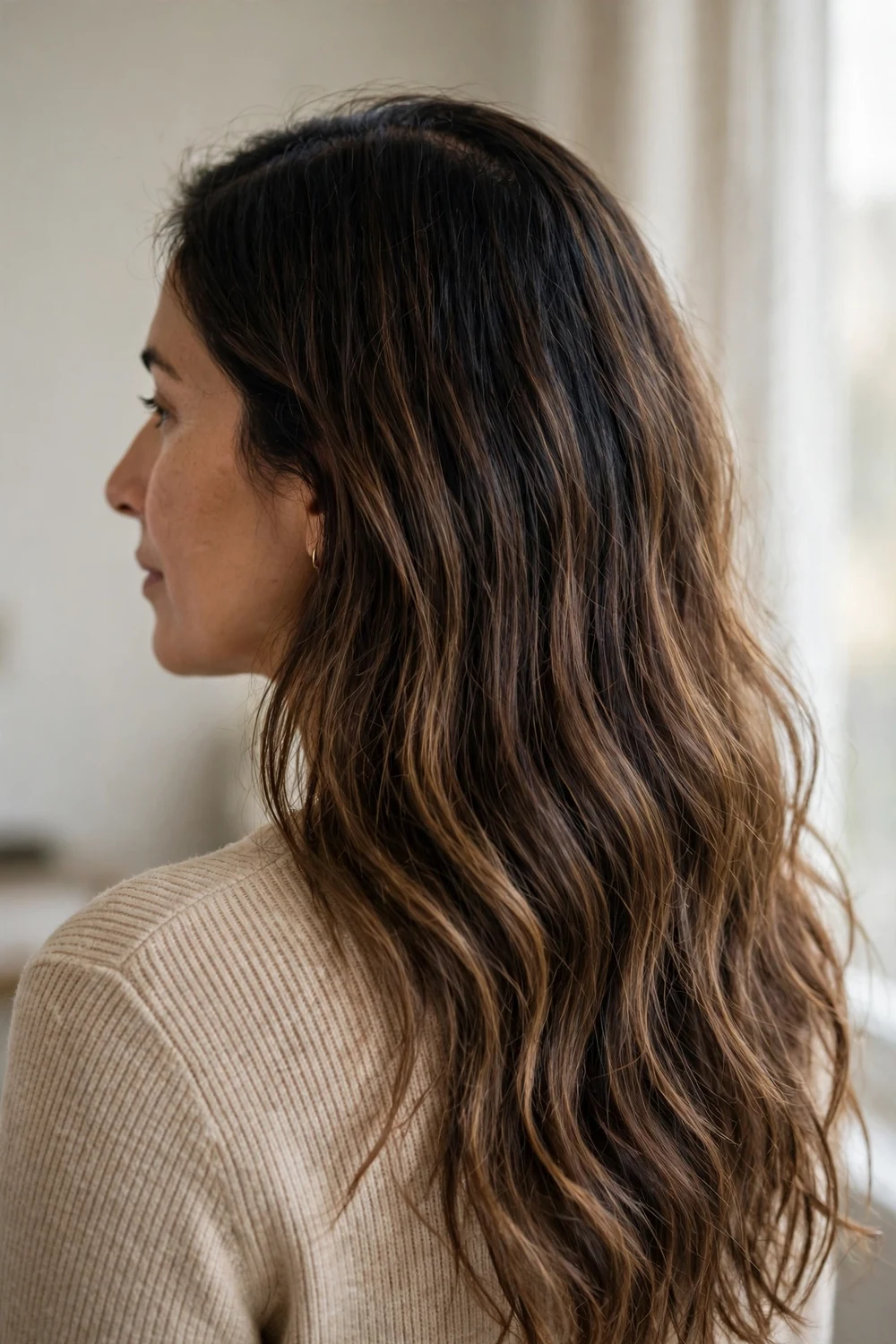 Woman with shadow root dimensional brunette hair