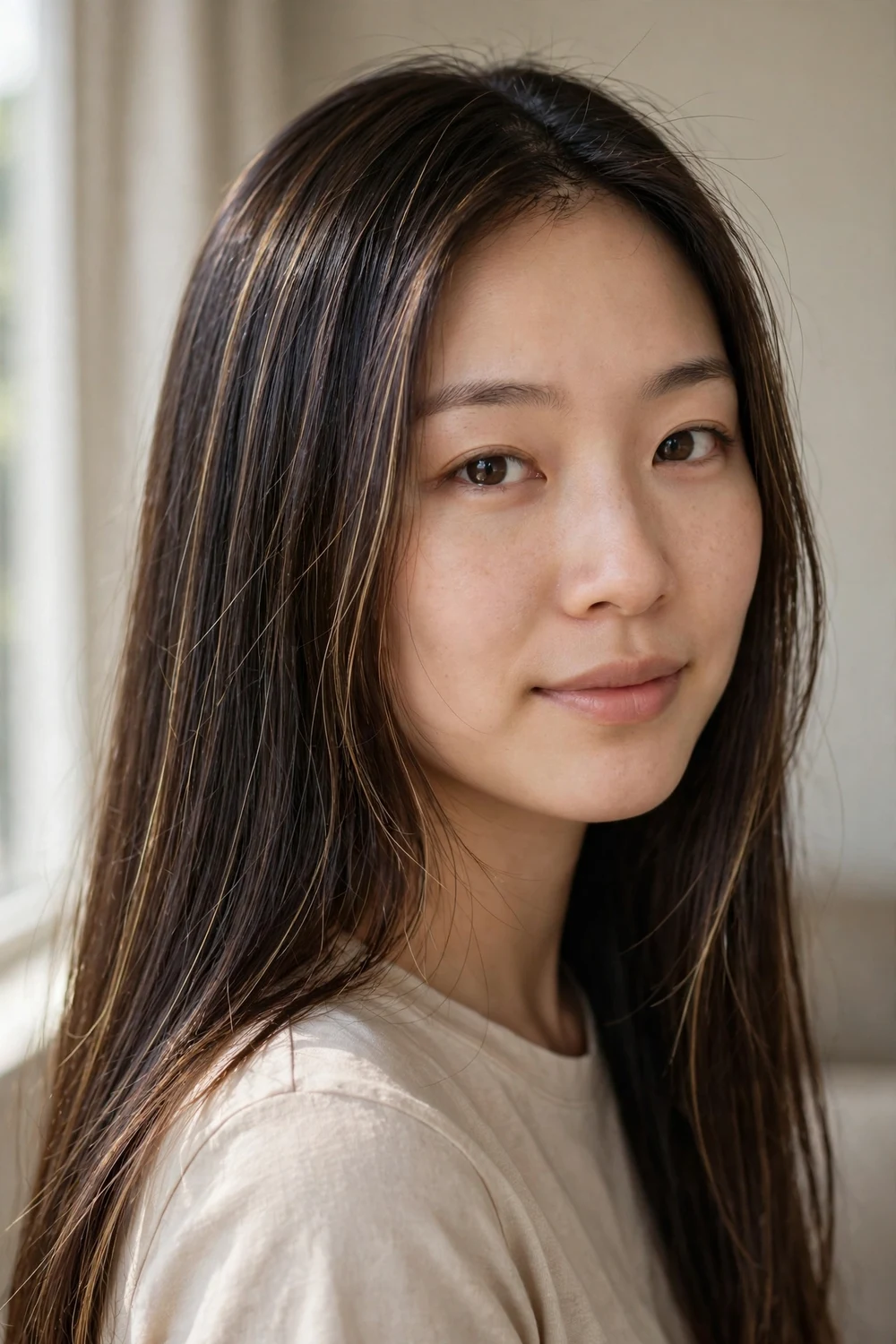 Woman with fine babylights on sleek dark brown hair