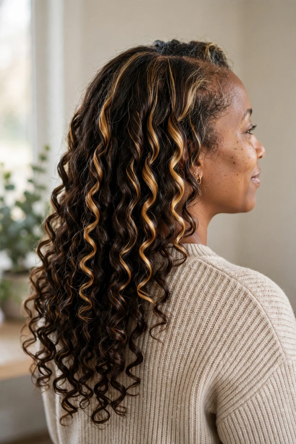 Woman with foilayage highlights on dark curly hair