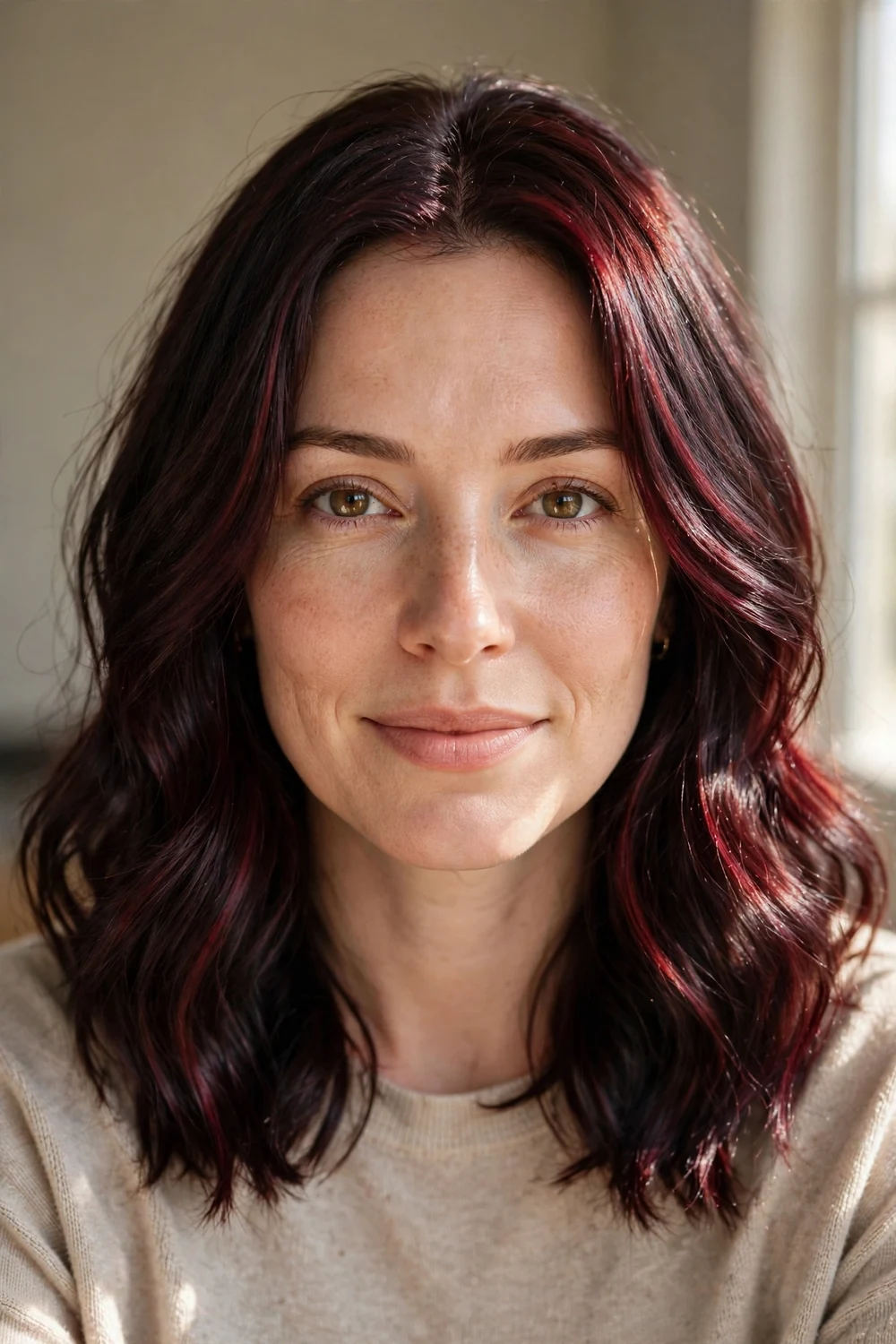 Woman with burgundy tones in mid-length brunette hair