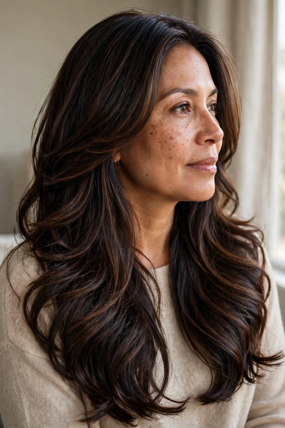 Woman with glossy brunette long layered hair