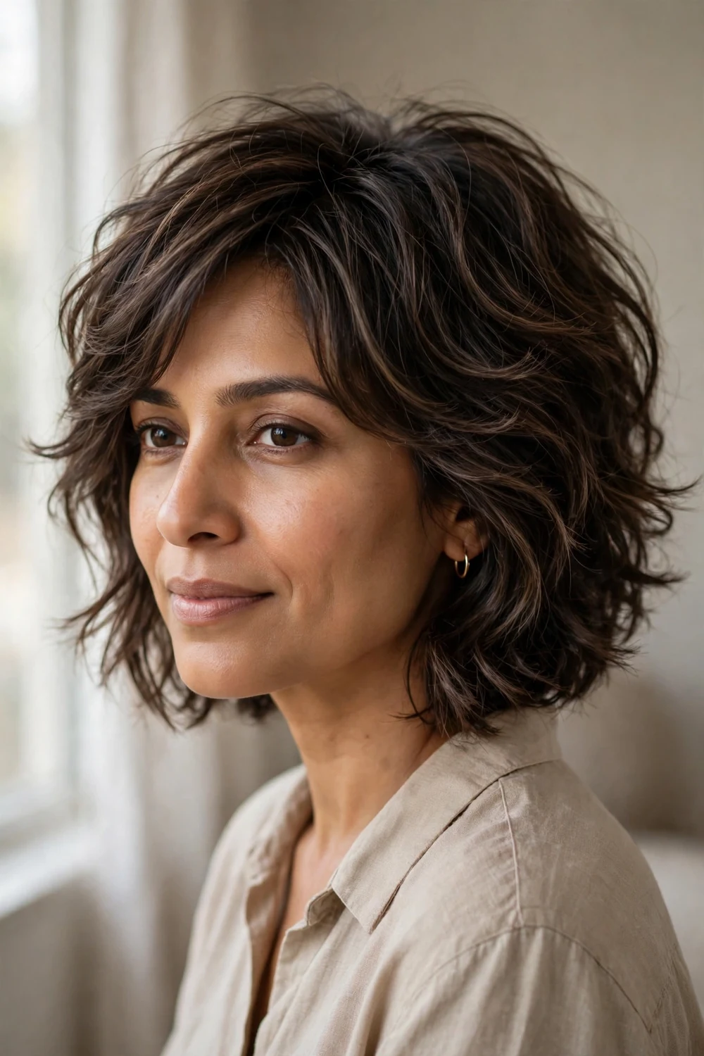 Woman with truffle brown textured layered haircut